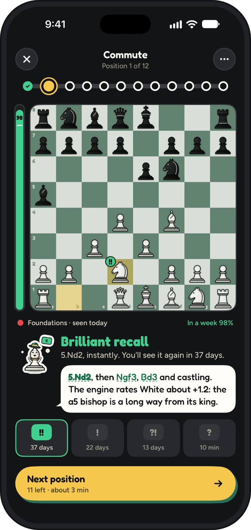 The Commute in the app: Brilliant recall, 5.Nd2 instantly, next review in 37 days, with Bertie’s note on the move. Below, the four symbols with the gap each would have given: 37 days, 22 days, 13 days and 10 minutes.